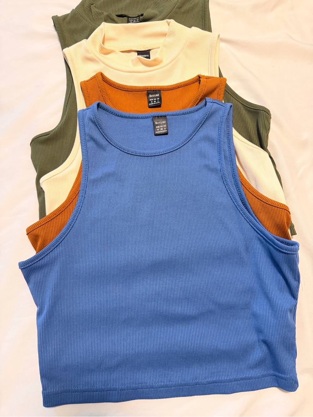 Bershka Ribbed Tank Tops in Blue, Rust, Cream & Olive - Pack